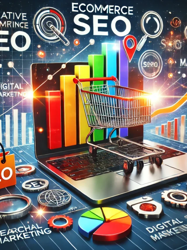 DALL·E 2024-12-06 18.42.31 - A creative reel image for a video about Ecommerce SEO, featuring dynamic visuals like shopping carts, SEO icons, upward trending graphs, digital marke